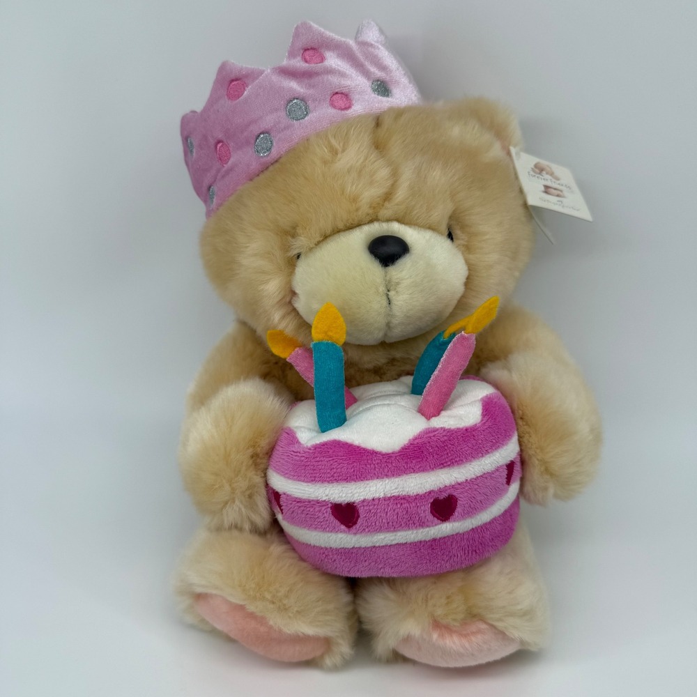 Hallmark Forever Friends Birthday Teddy Bear Pink Crown Cake Plush 12in NEW